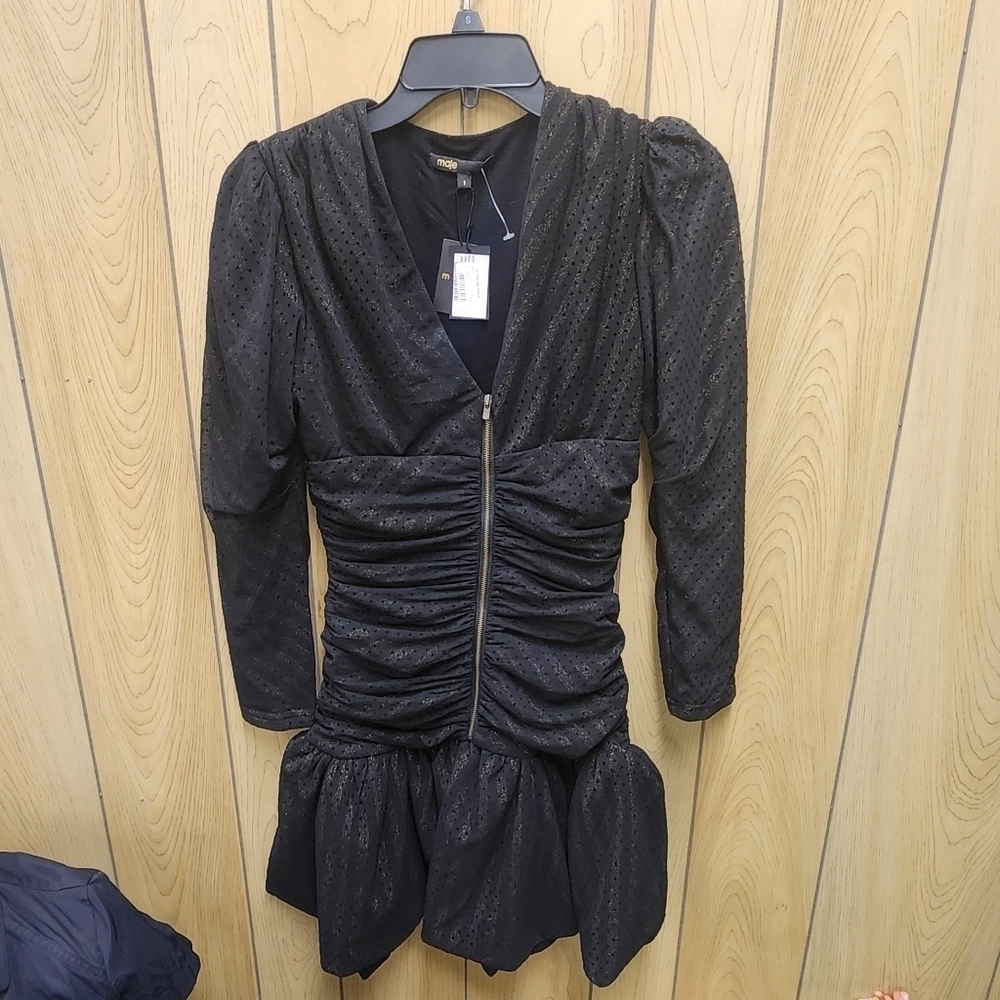 MajeMaje Black Lurex Knit Mesh Ruched Ralone Mini Dress - Picture 7 of 8